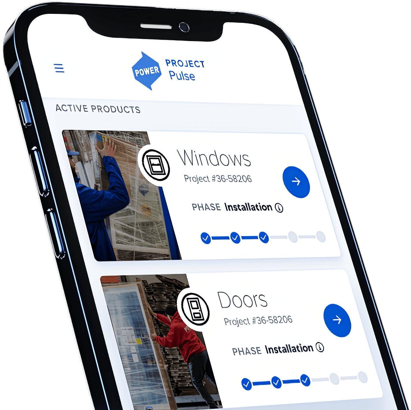 Project Pulse app showing live window installation progress